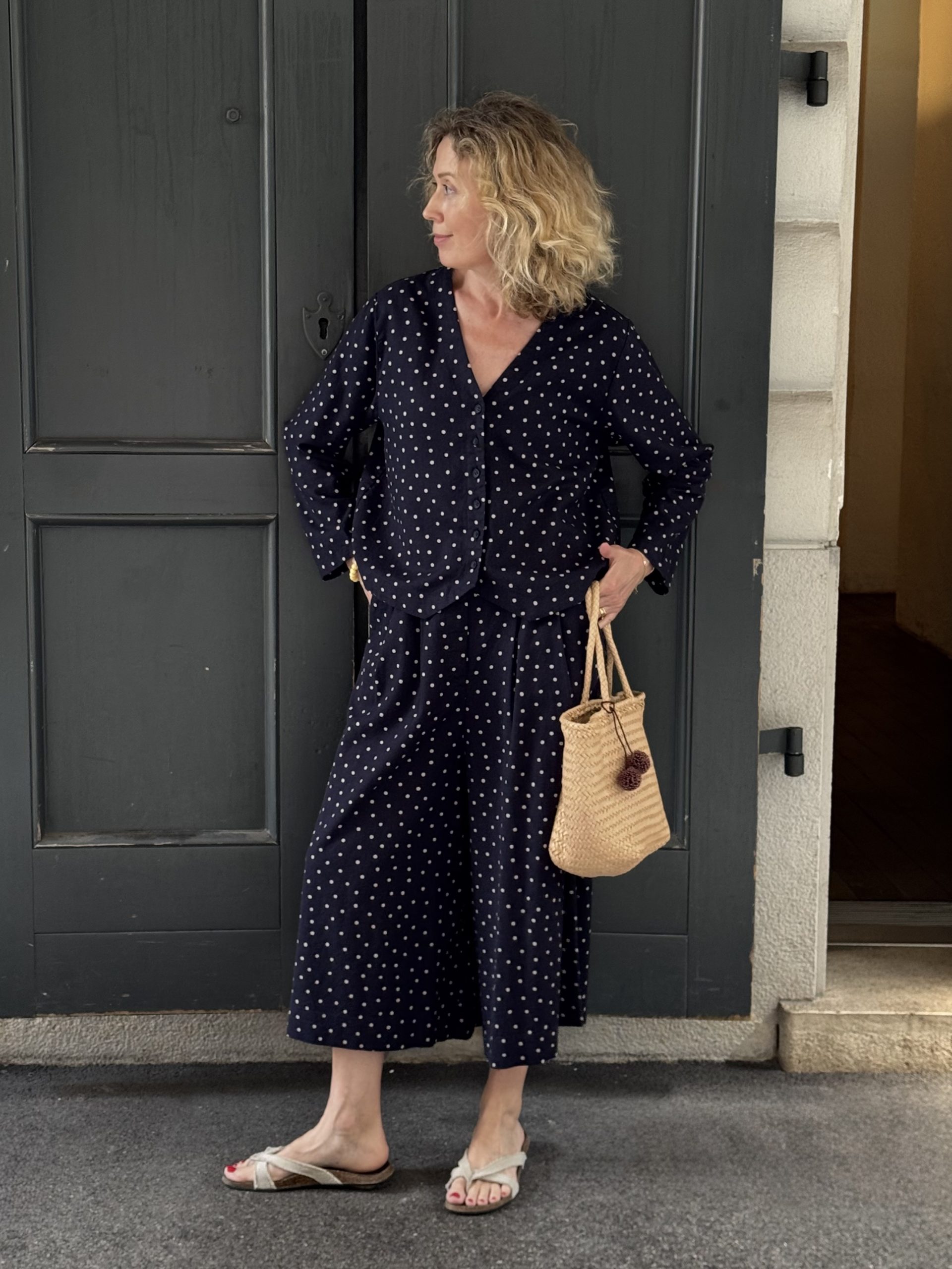 Kyoko NAVY DOTS Denim Linen Pants